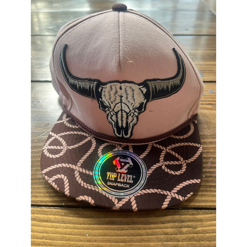 Top Level Pink Brown Steer Skull Rodeo Snapback Hat Rope Print Flat Brim Cap